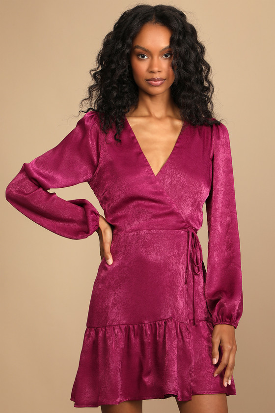 Magenta Purple Satin Dress - Wrap Dress - Satin Mini Dress - Lulus